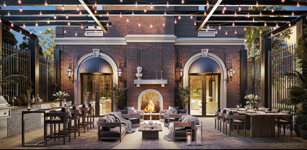 Chain Bridge Estates-Clubhouse Exterior - Terrace Pergola and Fireplace-R03A